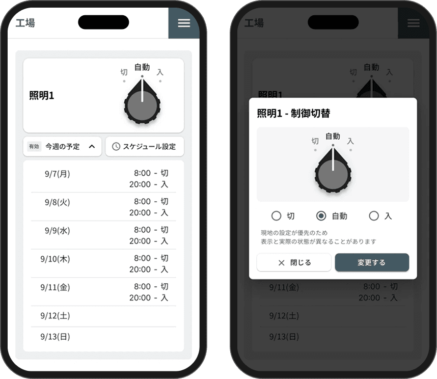 スマートフォンで開いたスケジュールアプリ。左はスケジュール一覧、右は制御ハンドルで「切」「自動」「入」を切り替える画面