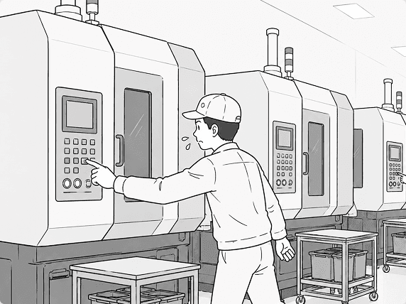 並んだ設備の電源を1台ずつ止めて回る作業員
