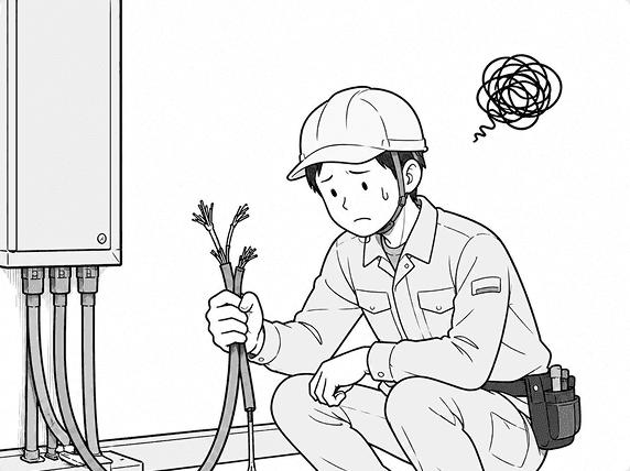 老朽化した配線を前に頭を抱える作業員